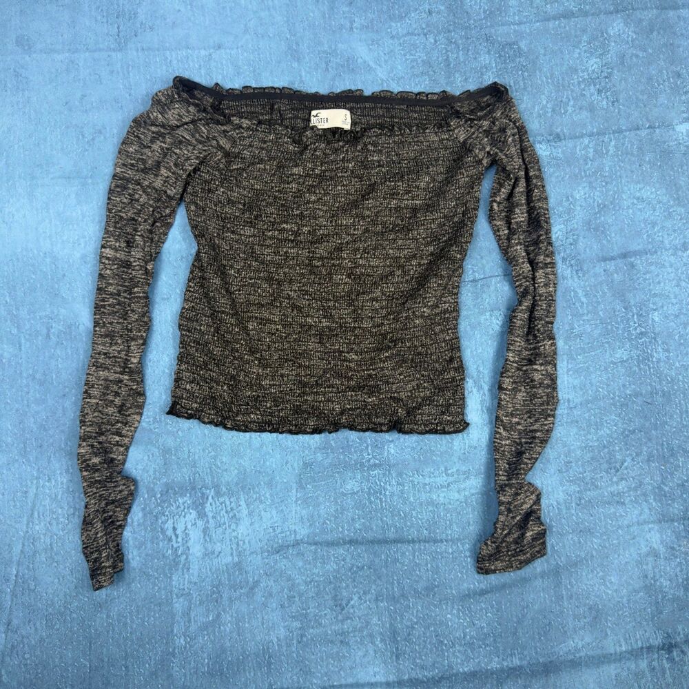 Hollister Smocked Off Shoulder Top Womens S Gray Long Sleeve